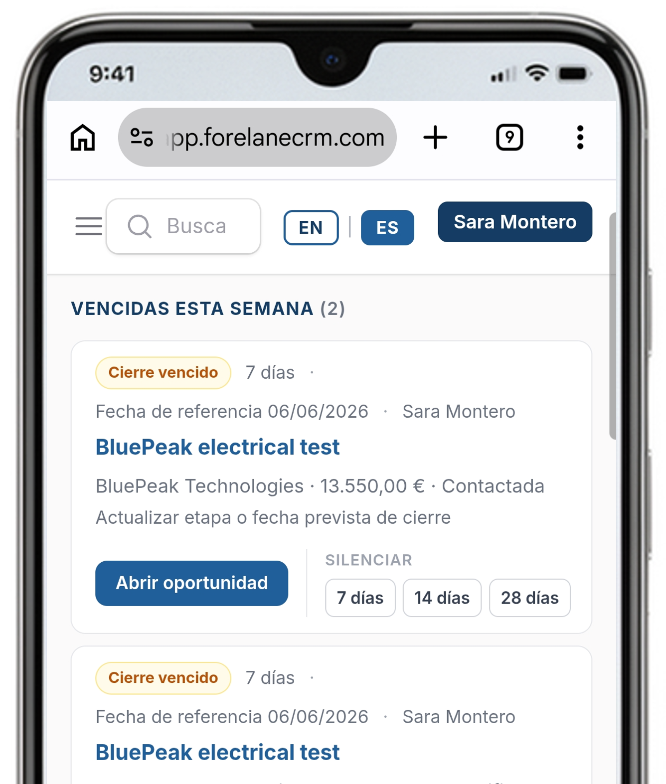 Aplicación ForeLane CRM en móvil
