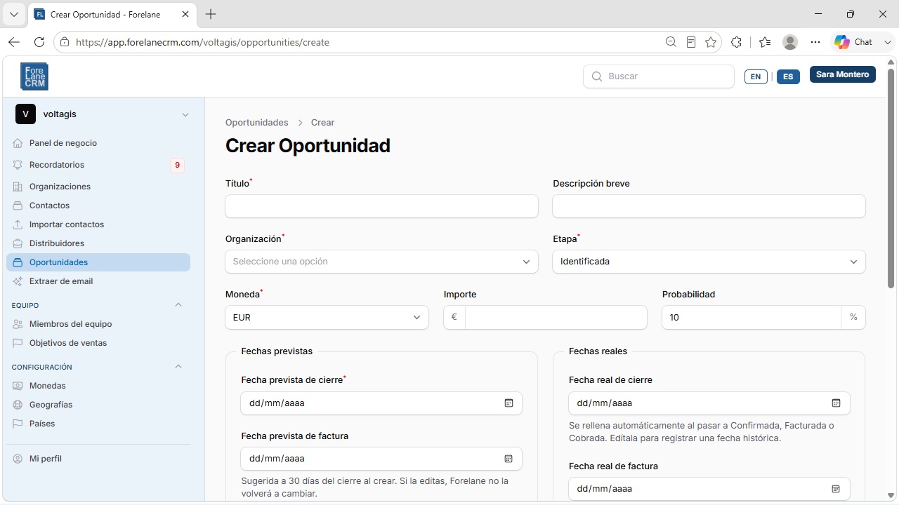 Crear primera oportunidad en ForeLane