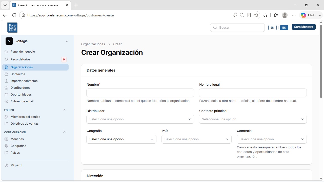 Crear organizaciones en ForeLane